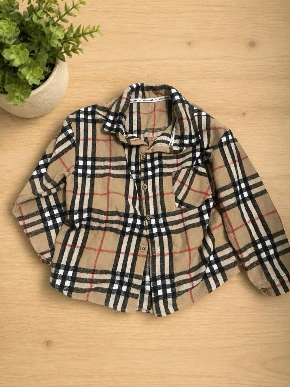 Kids Beige Plaid Button-Up Shirt - Classic Style